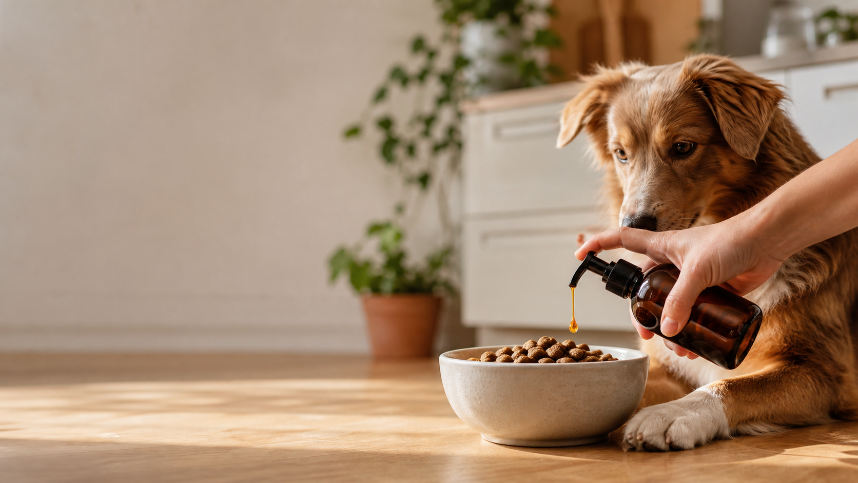 Hond bij voerbak terwijl zalmolie zorgvuldig wordt gedoseerd